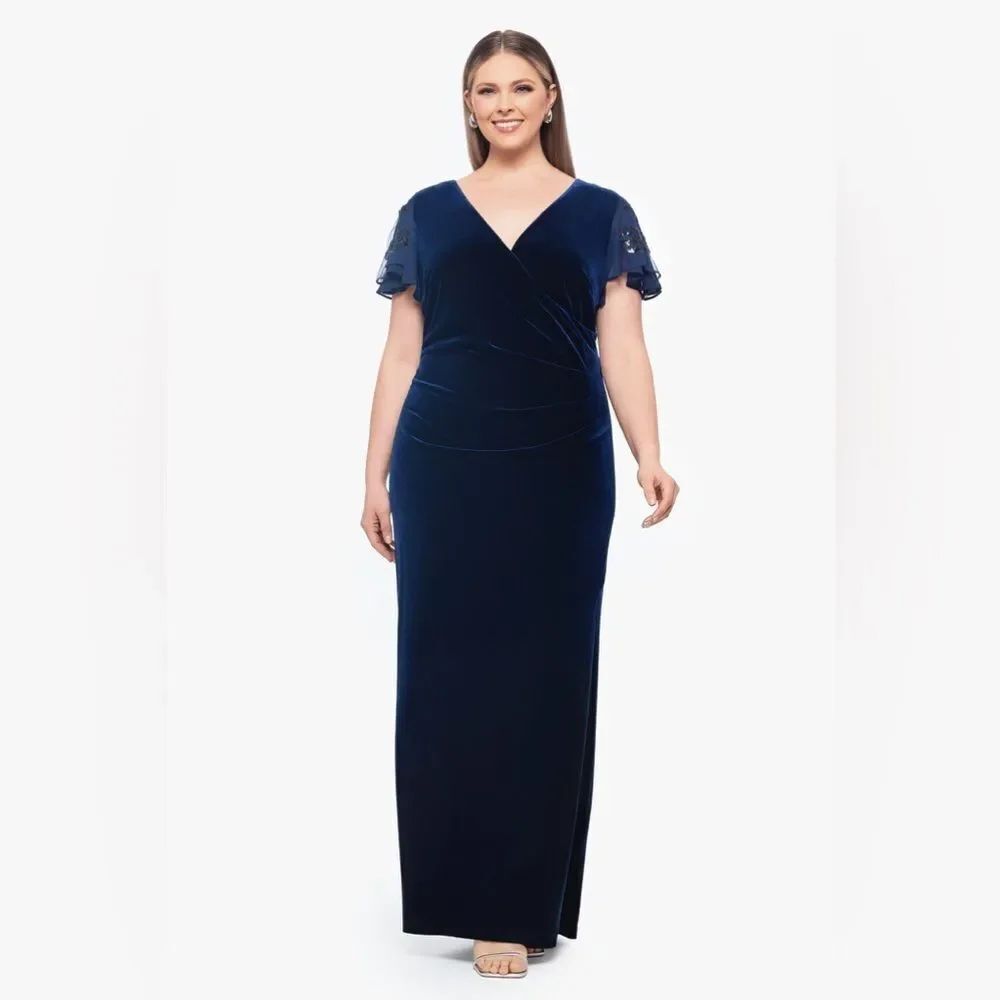 NWT Betsy & Adam PLUS "CAROLINA" LONG VELVET V-NECK SEQUIN SLEEVE DRESS Navy - Picture 2 of 13